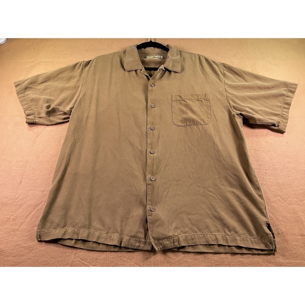 Tommy Bahama Mens Large 100% Silk Short Sleeve Button Down Shirt Tan Beige